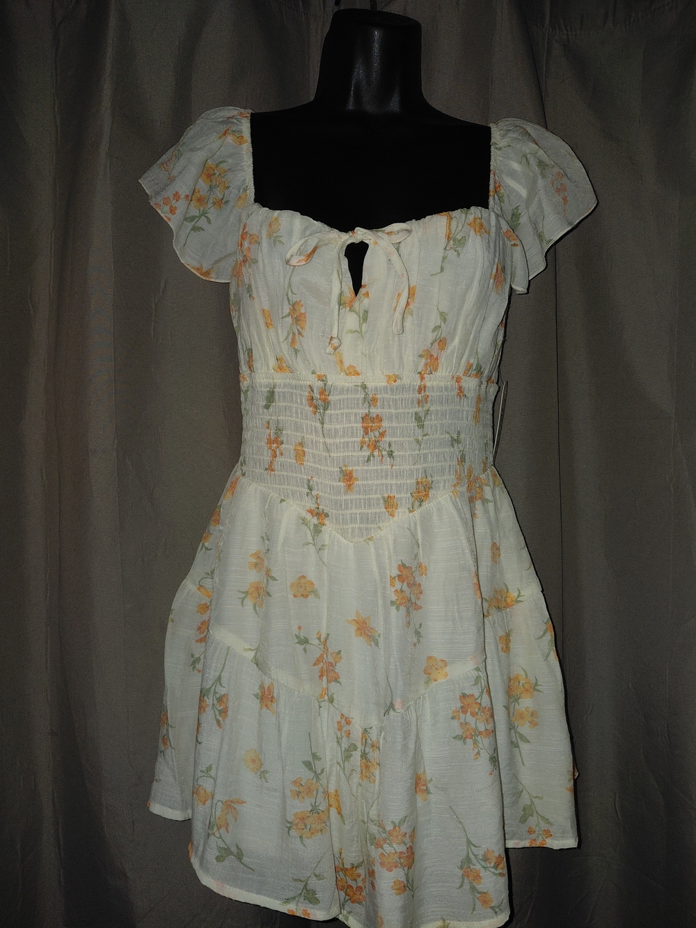 Trixxi Cream Floral Smocked Waist Mini Romper with Flutter Sleeves